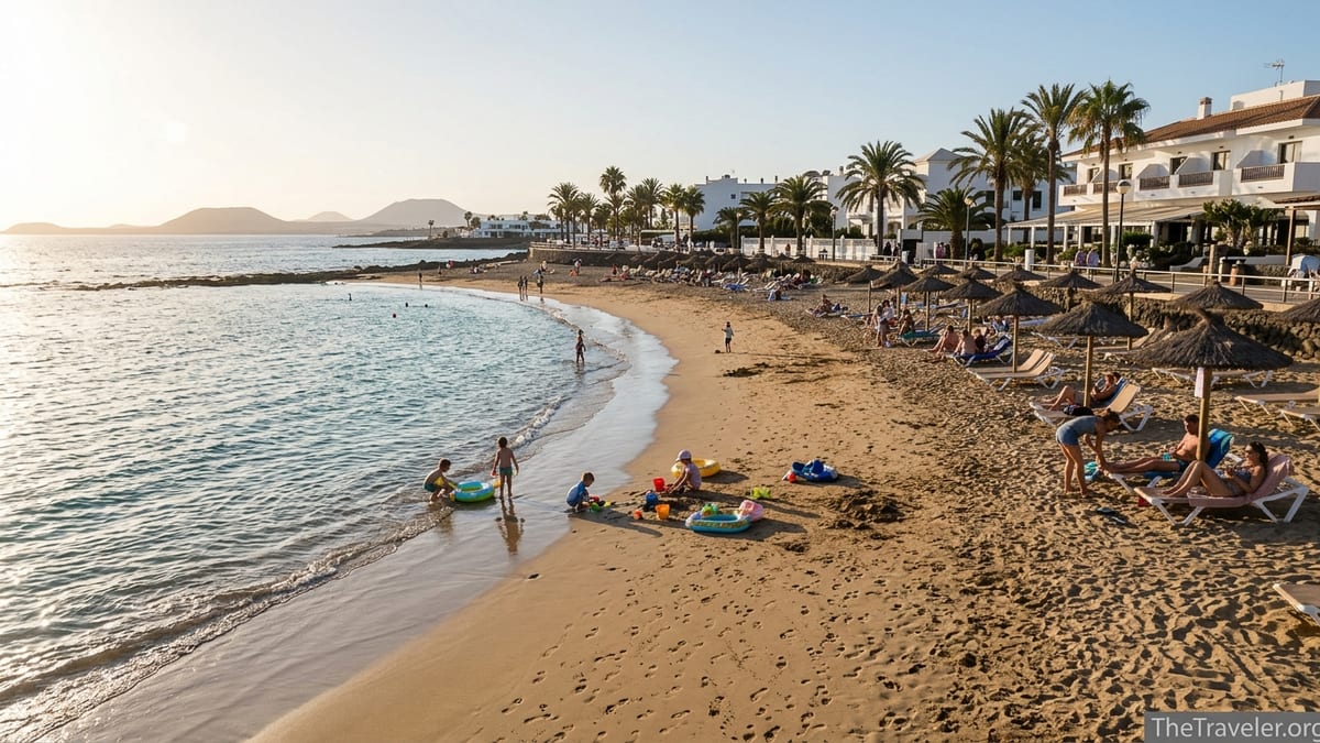 Family with children playing on a shallow sandy beach in front of Spanish island resorts at sunset.