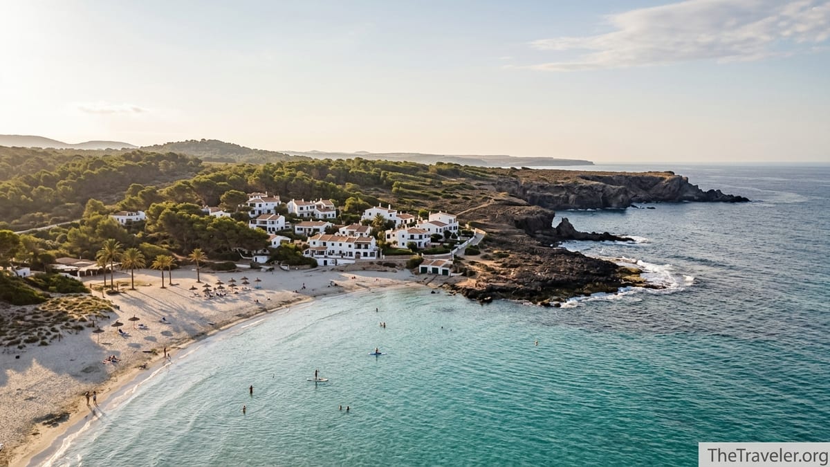 Aerial view of a Spanish island beach with turquoise water, white sand and green hills at golden hour.