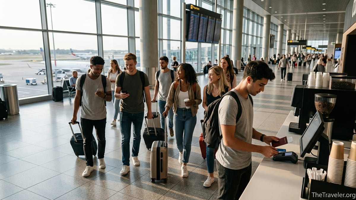 Students with backpacks using a credit card at an airport cafe before a flight.