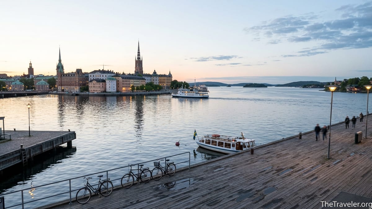 Evening view over Stockholm’s Old Town waterfront with boats and softly lit buildings.