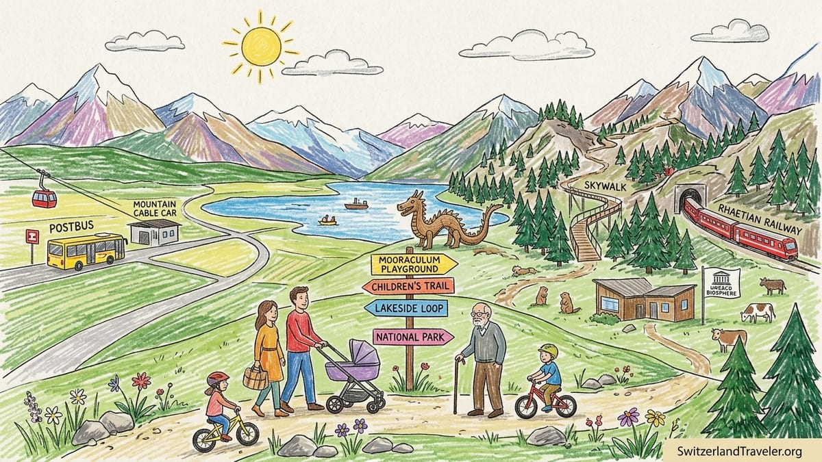 Family with stroller walking on an easy alpine trail in a Swiss park on a sunny day.