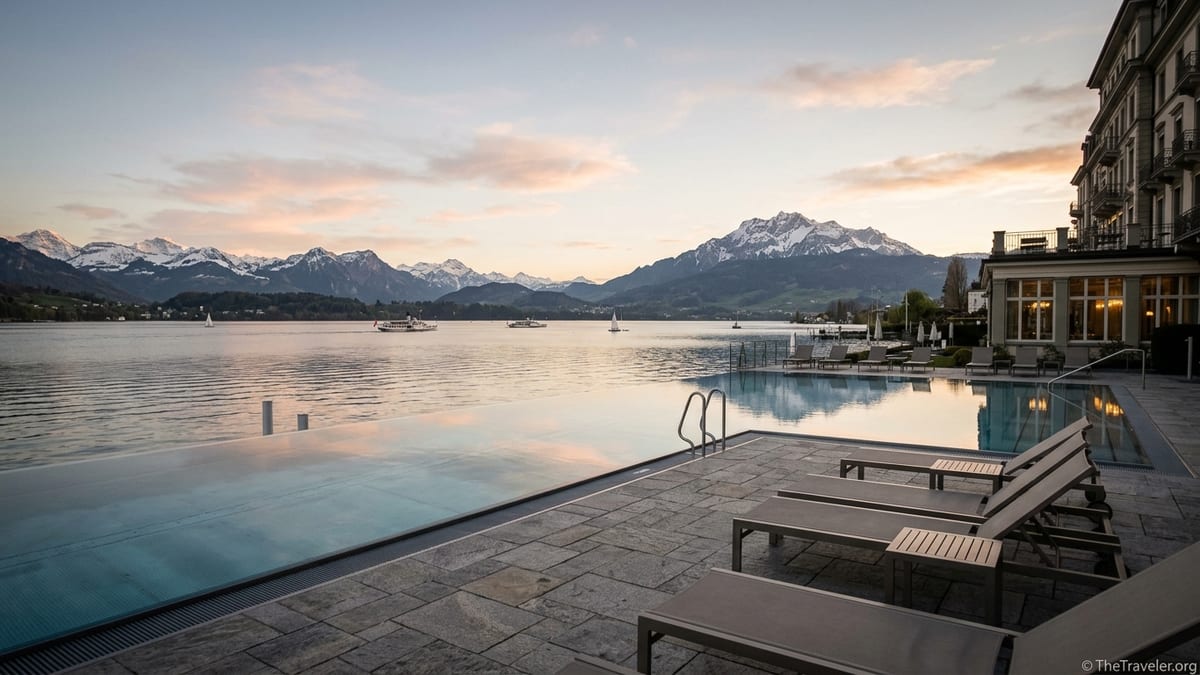 Lakeside infinity pool and terrace overlooking Lake Lucerne and surrounding Alps at sunset.
