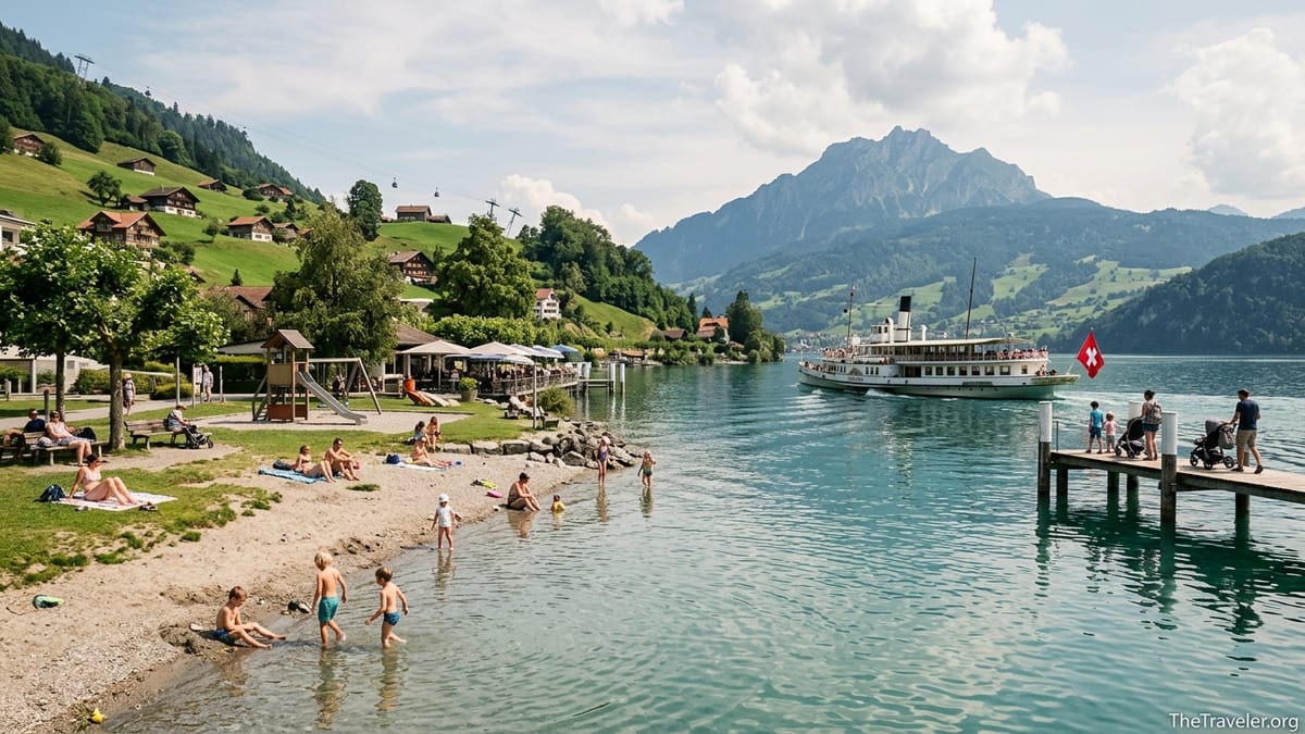 Families swimming and playing beside Lake Lucerne with a paddle steamer and mountains in the background.
