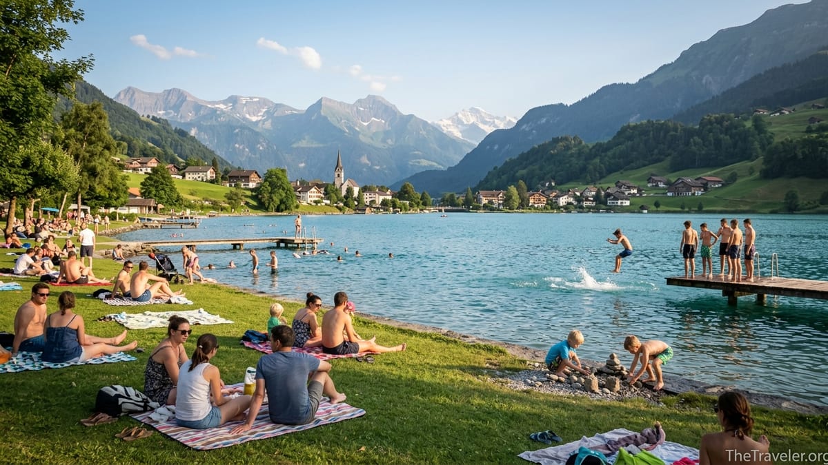 Families swimming and relaxing by a Swiss lake with mountains in the background on a summer evening.