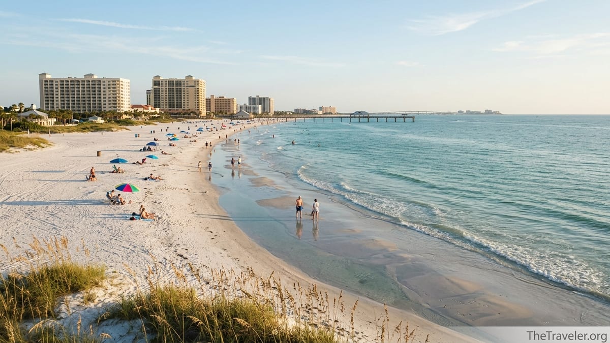 Aerial view of Clearwater Beach near Tampa at golden hour with white sand and turquoise water.
