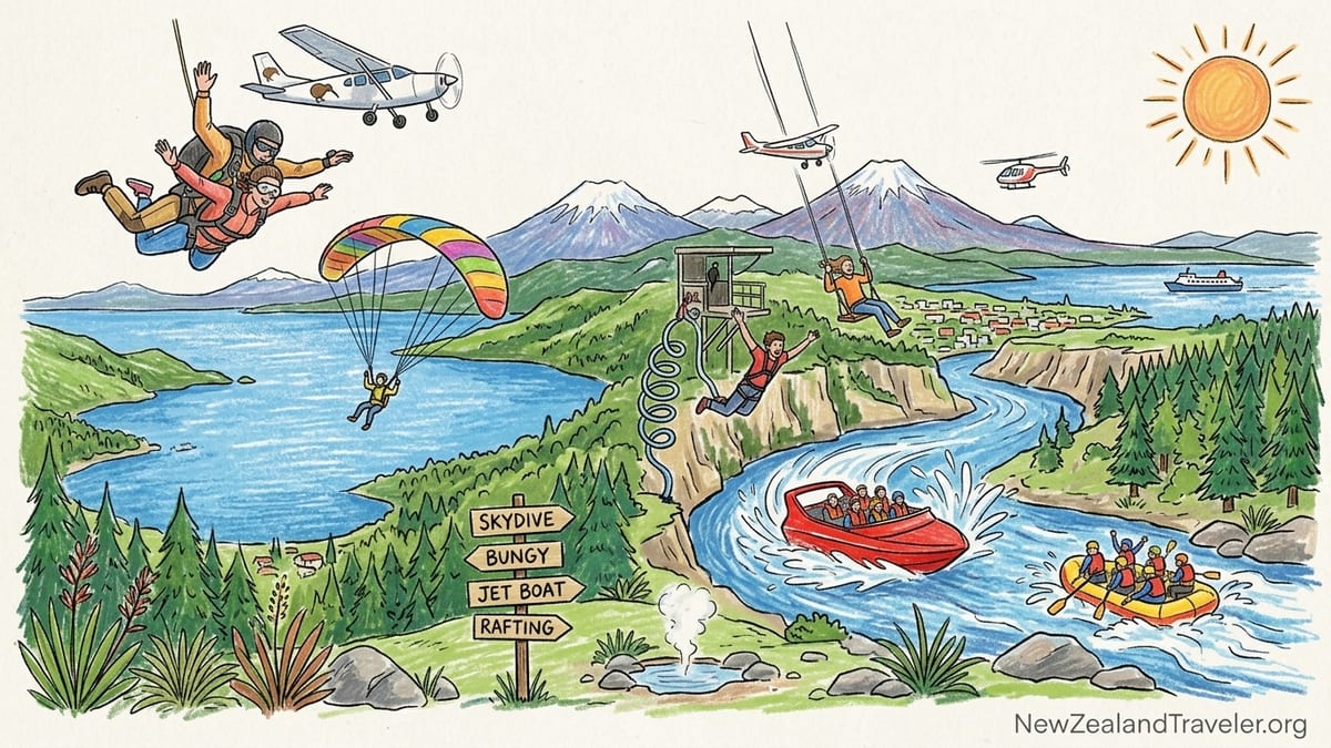 Tandem skydiver over Lake Taupō with river, jet boat and volcanoes below.