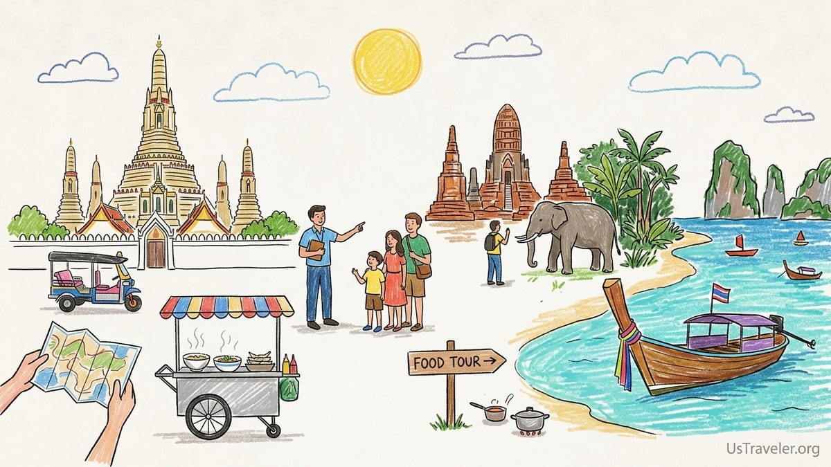 Longtail boat by a Bangkok riverside pier with temple details and distant limestone cliffs, representing Thailand day trips.