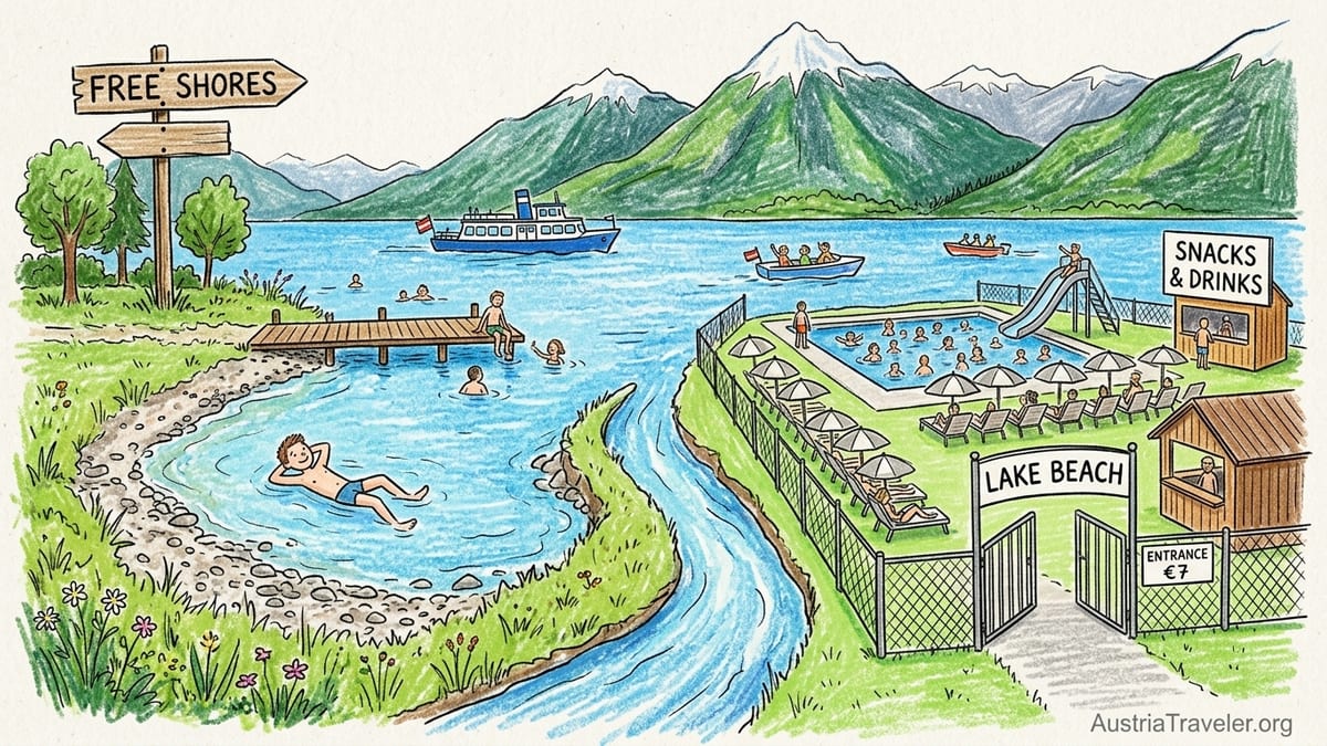 Summer swimmers, paddleboard and boats on a clear Austrian alpine lake with forested mountains.
