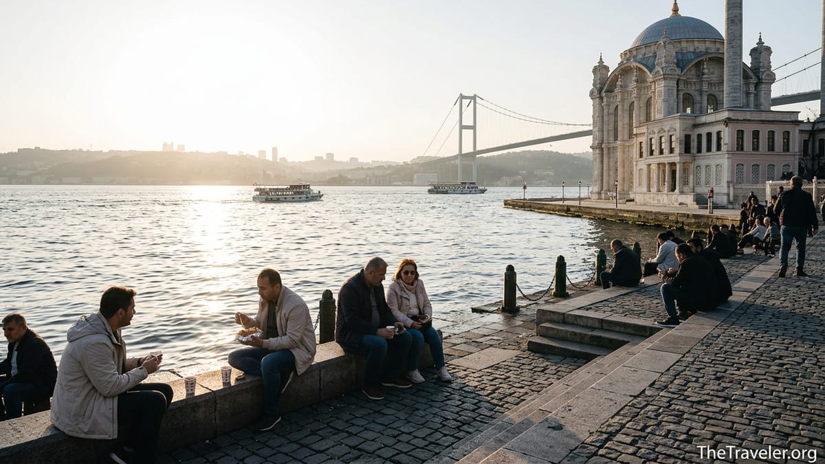 Ortaköy Mosque and Bosphorus Bridge seen from the Beşiktaş waterfront at sunset with people on the promenade.
