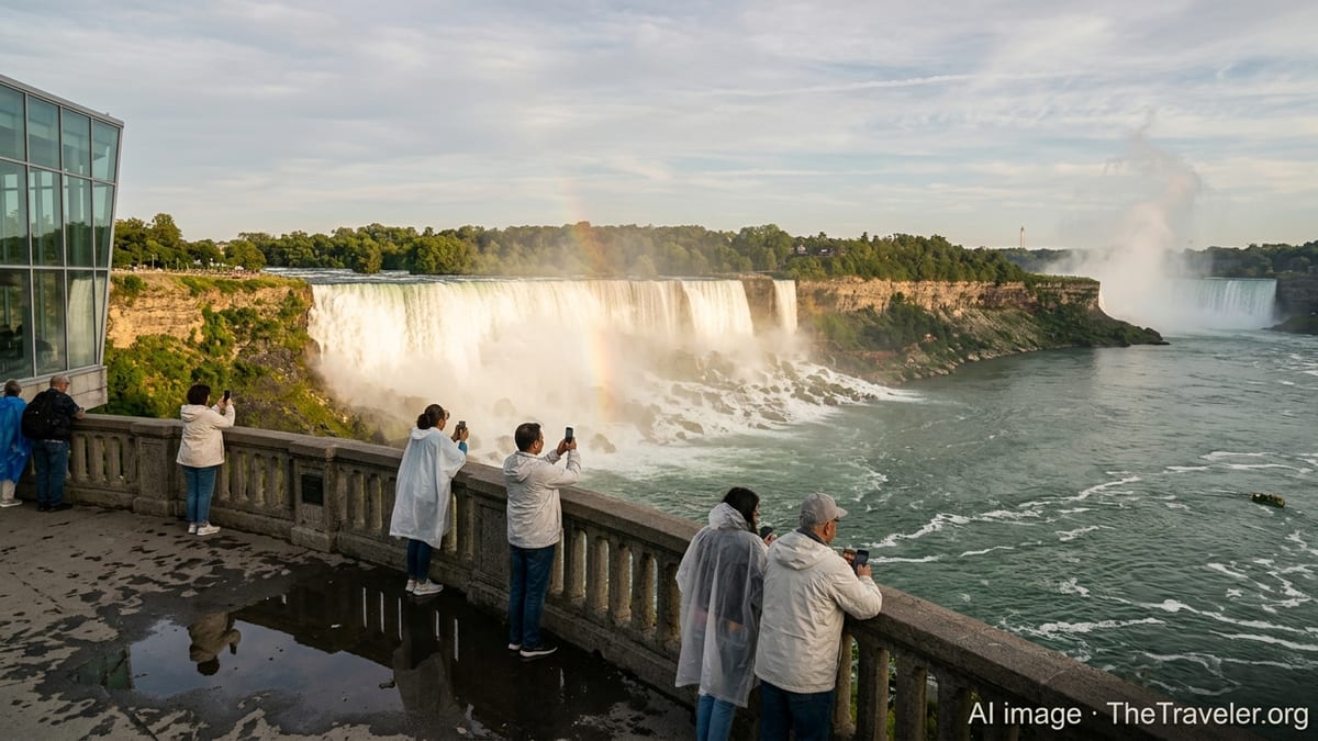 View of Canadian Horseshoe Falls with tour boat below and visitors watching from the promenade.
