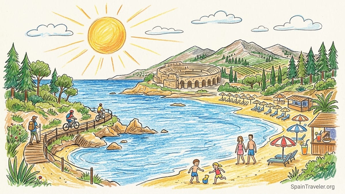 Sunrise over a quiet sandy beach on Costa Dorada with gentle waves and pine trees behind the shore.