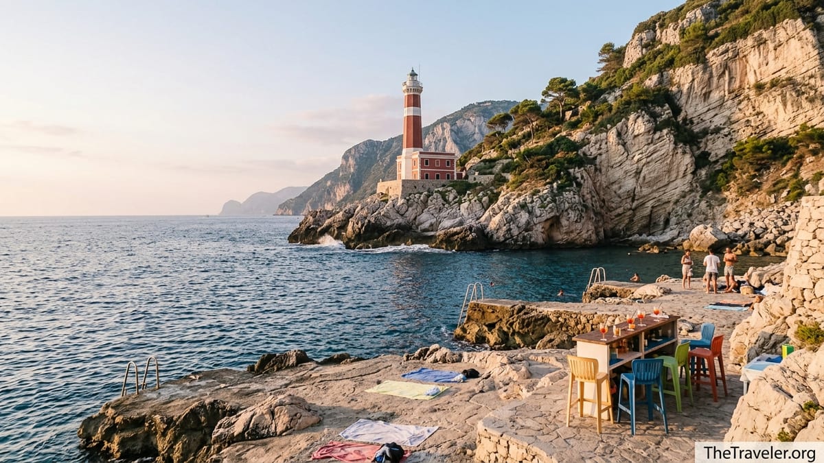 Rocky swimming platforms and lighthouse at Punta Carena in Anacapri at sunset.