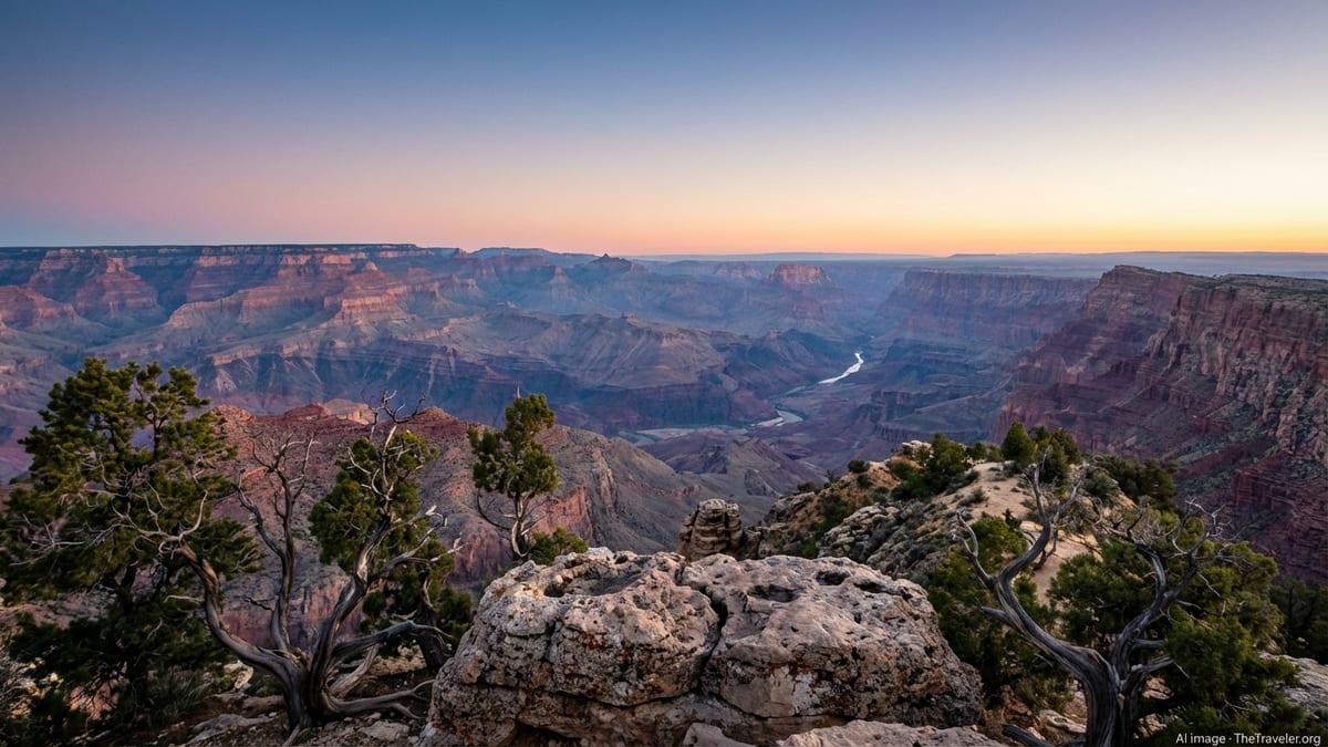 Sunrise view over the Grand Canyon with layered cliffs and a rocky rim foreground.