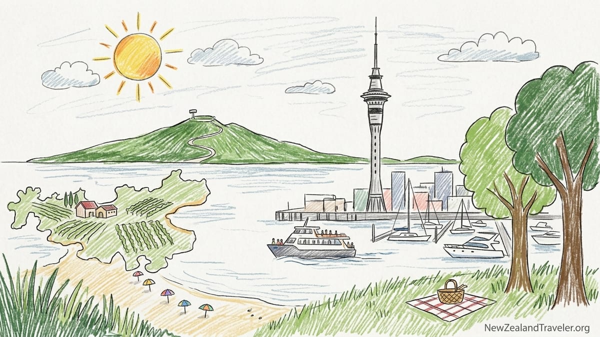Auckland skyline with Sky Tower and Viaduct Harbour at sunset, Rangitoto Island on the horizon.