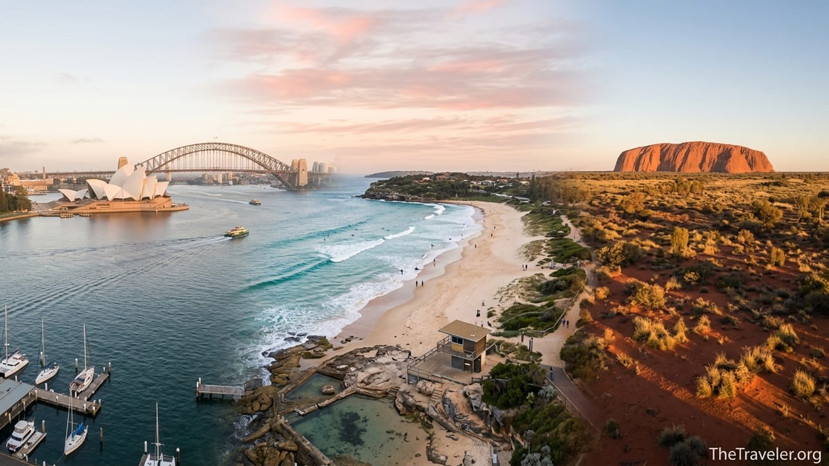 Sunrise over Sydney Harbour leading into surf beaches and the red outback with Uluru in the distance.