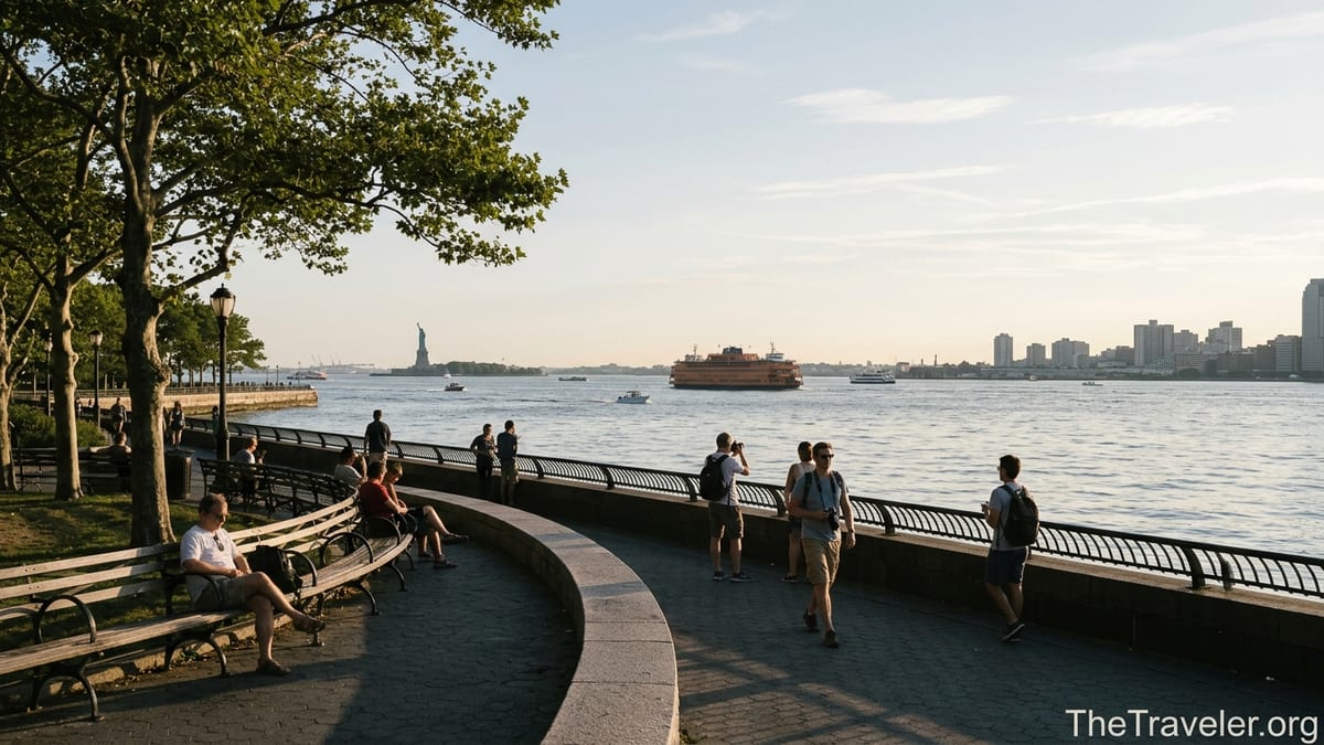 Visitors walking along Battery Park’s waterfront promenade overlooking New York Harbor at sunset.