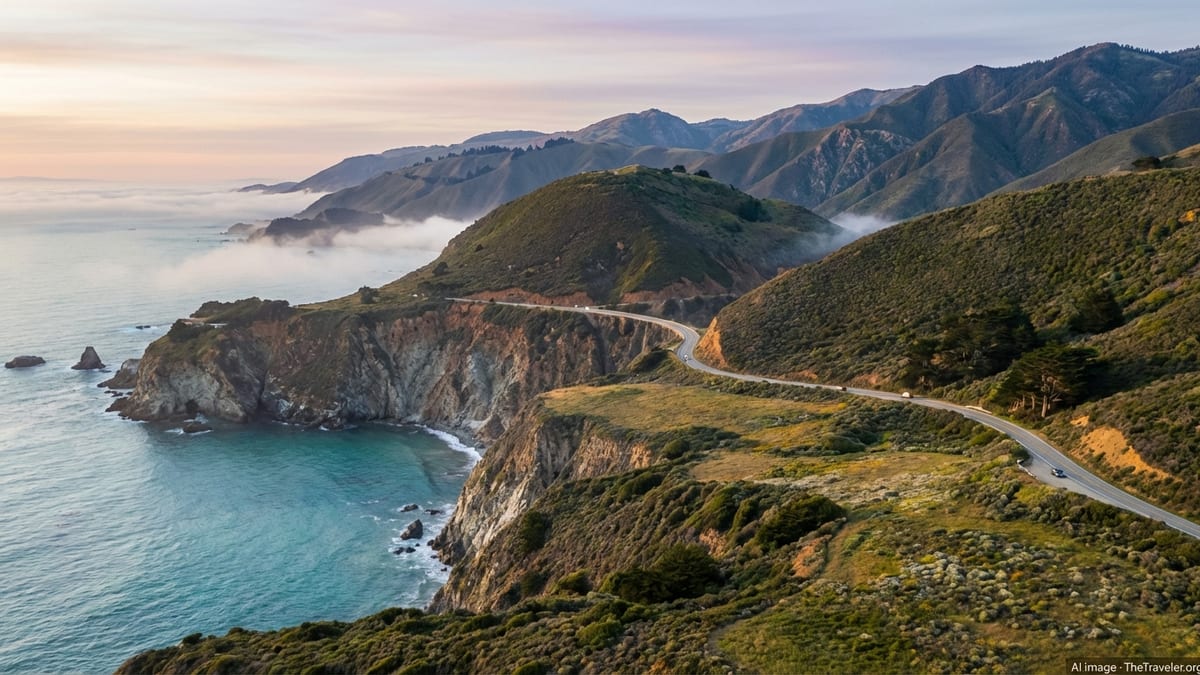 Aerial view of California’s Big Sur coastline with Highway 1 clinging to rugged cliffs at golden hour.