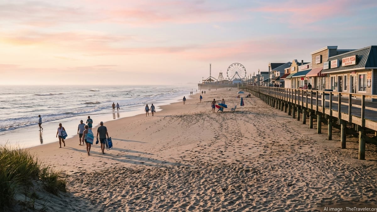 Early morning view of Rehoboth Beach boardwalk and shoreline with soft light and a few beachgoers.