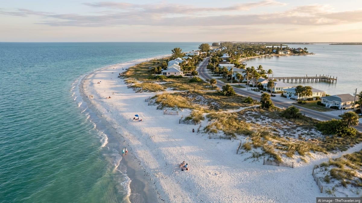 A quiet white-sand Florida barrier island with a small coastal town and turquoise Gulf waters at sunset.
