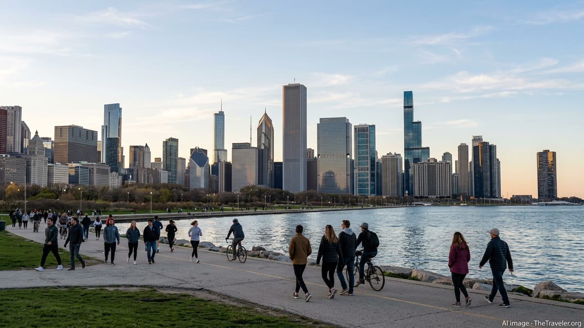 Chicago lakefront path at golden hour with skyline and Lake Michigan in view.