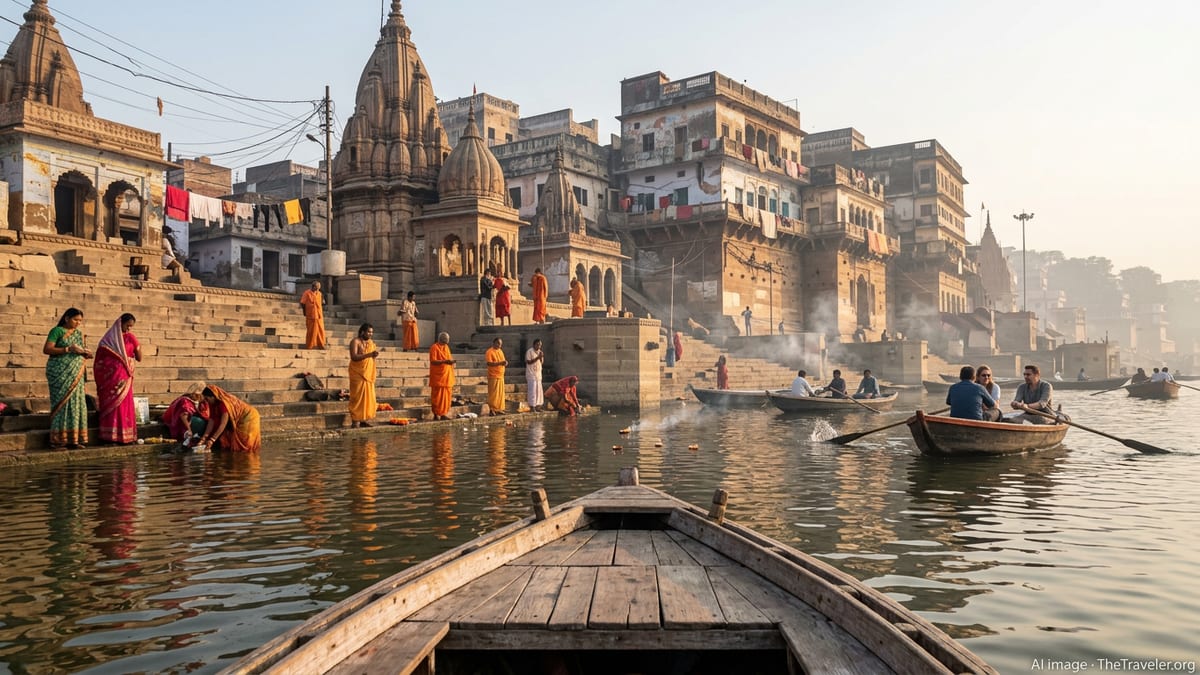 Sunrise on the Ganges in Varanasi with boats, pilgrims and riverside temples.