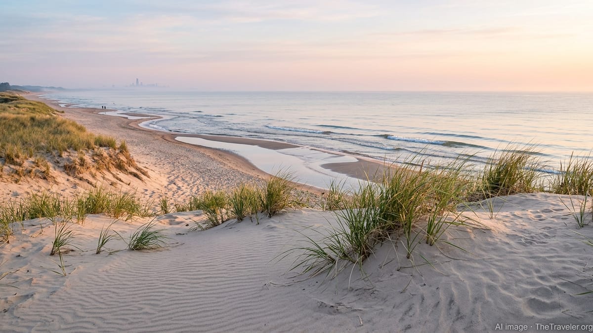 Sunrise over sandy dunes and Lake Michigan shoreline at Indiana Dunes National Park.