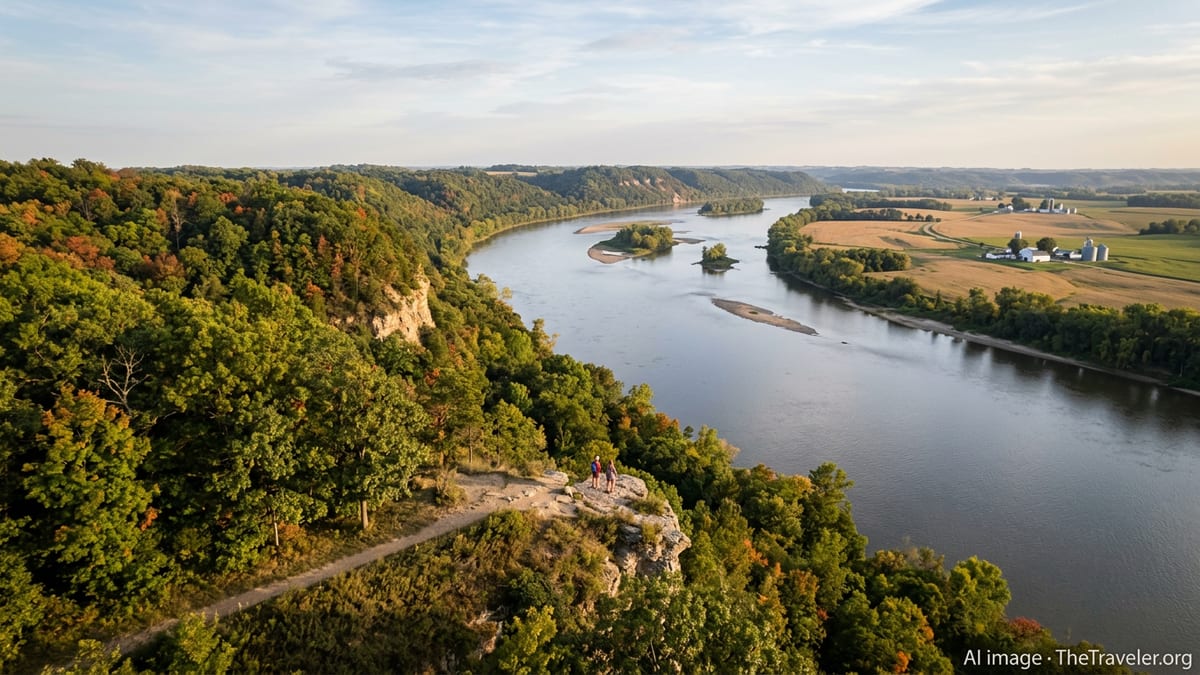 Aerial view of Iowa river bluffs and forested hills above the Mississippi at sunset.
