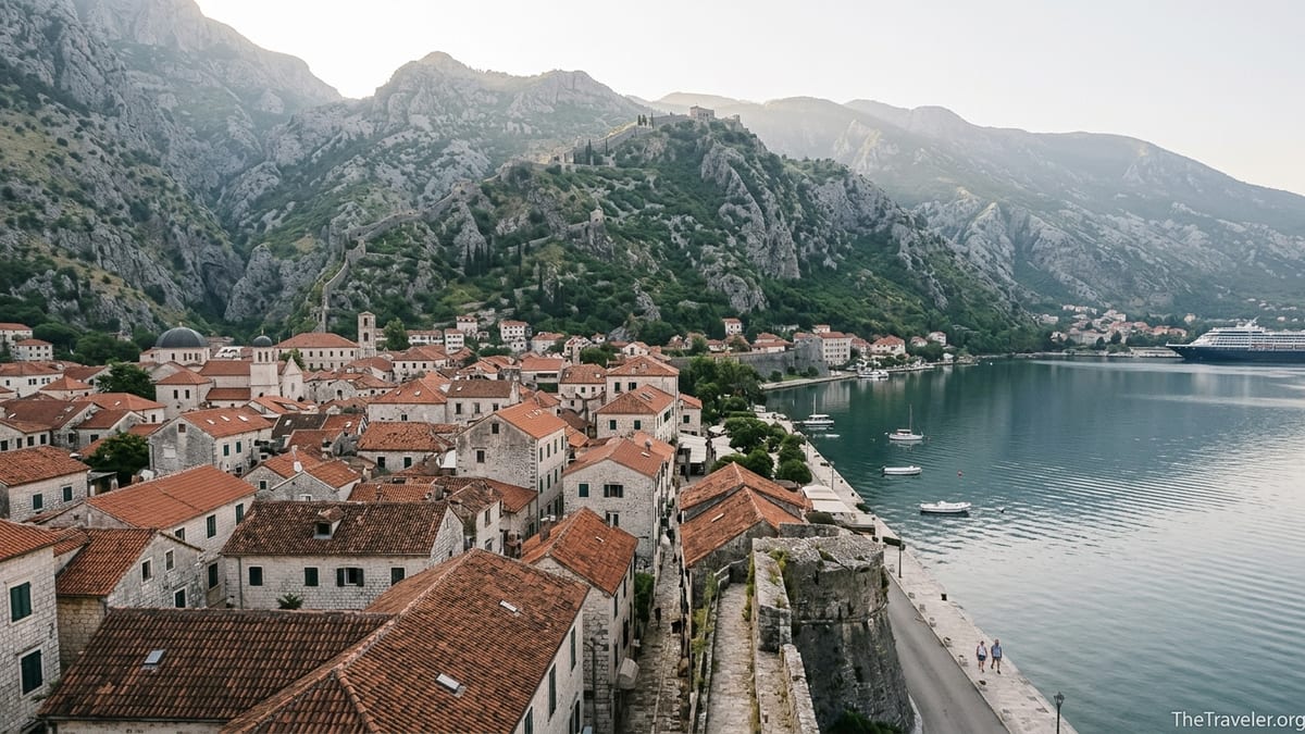 Sunrise over Kotor Old Town and Bay of Kotor with fortress and mountains.