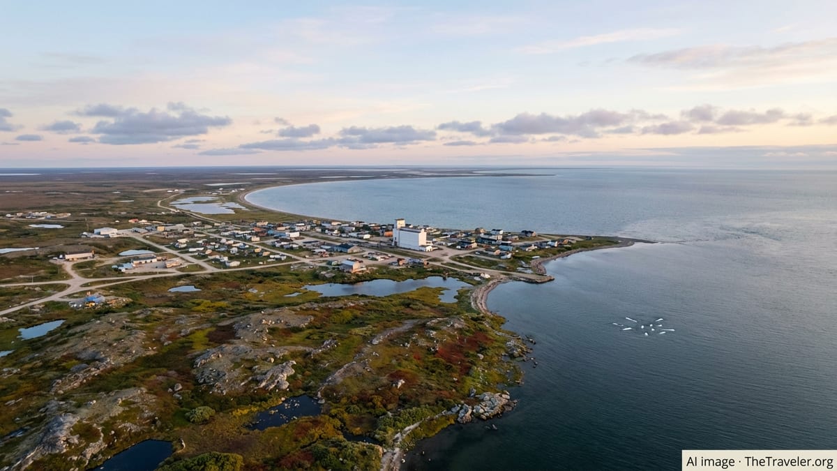 Aerial view of Churchill, Manitoba on Hudson Bay with tundra and open water in soft evening light.