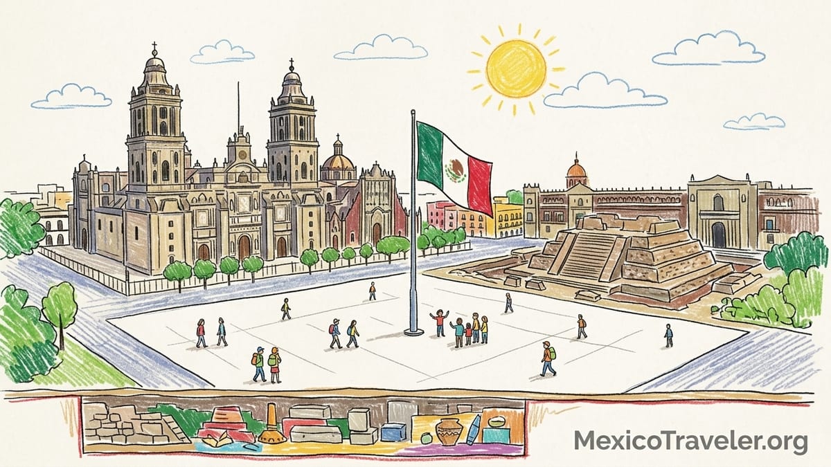Morning at Mexico City’s Zócalo with the Cathedral and Mexican flag as pedestrians cross the plaza.