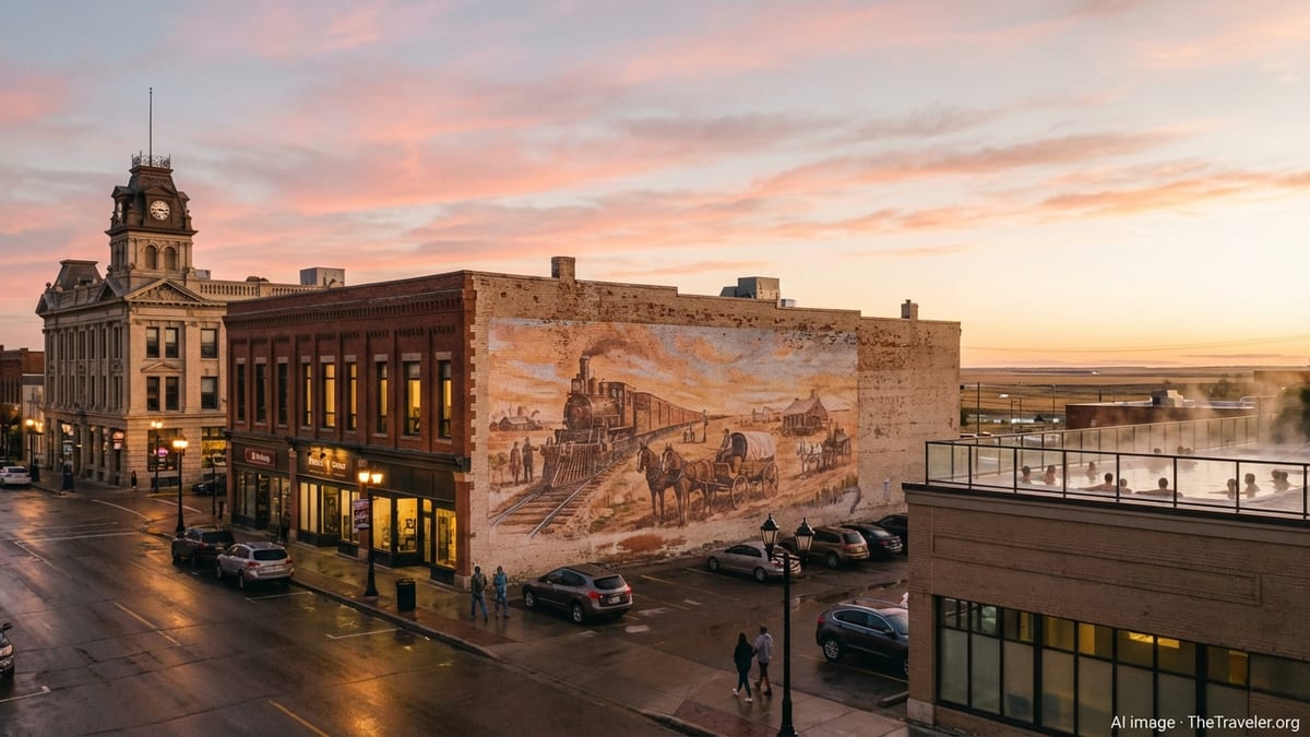 Downtown Moose Jaw with a large historic mural and heritage buildings at sunset.
