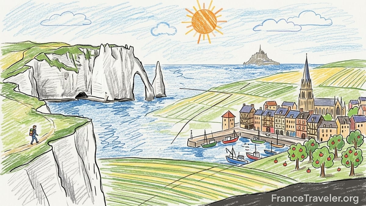 Sunrise view over the white cliffs and arches of Étretat on Normandy’s coast.