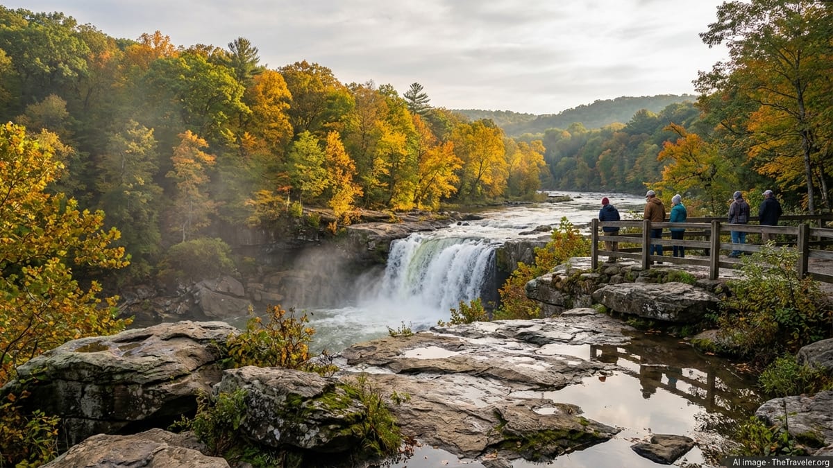 Ohiopyle Falls in Pennsylvania at sunrise with autumn trees and misty gorge.