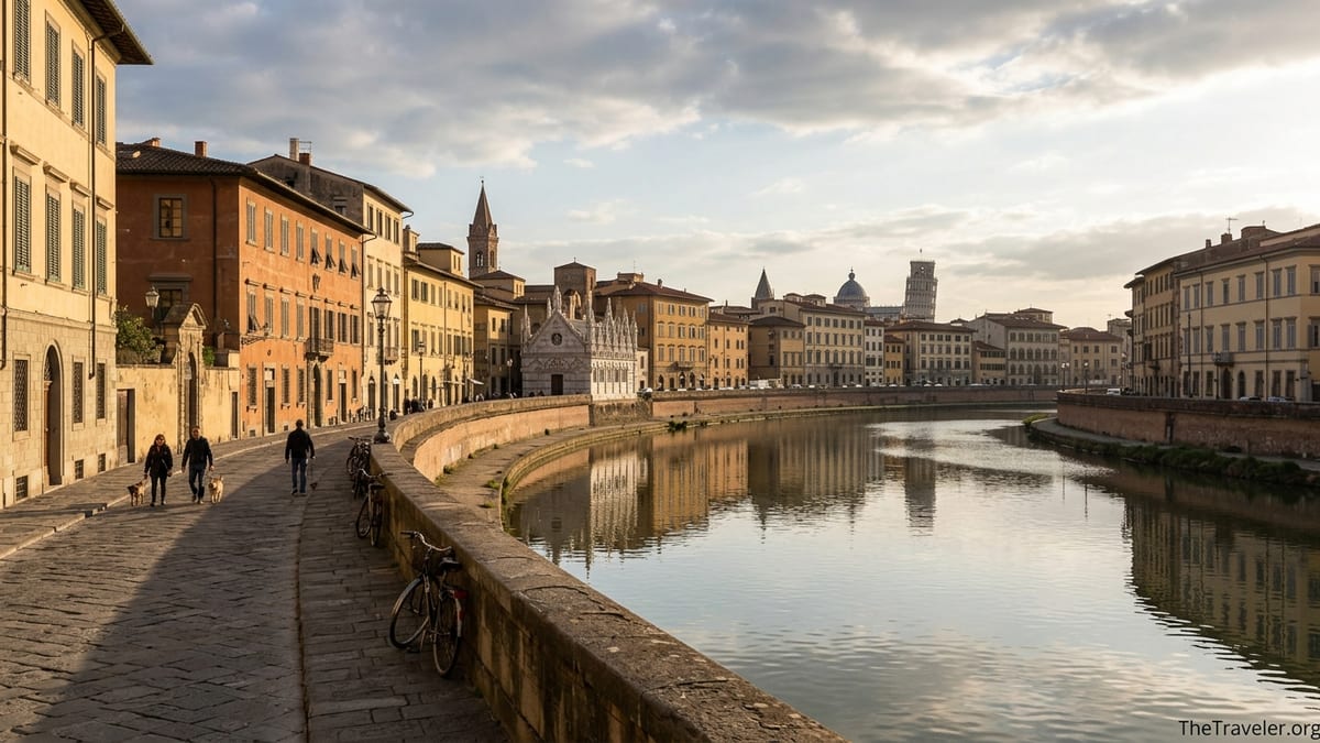 Golden-hour view of Pisa’s Arno riverfront with historic buildings and Santa Maria della Spina church reflected in calm water