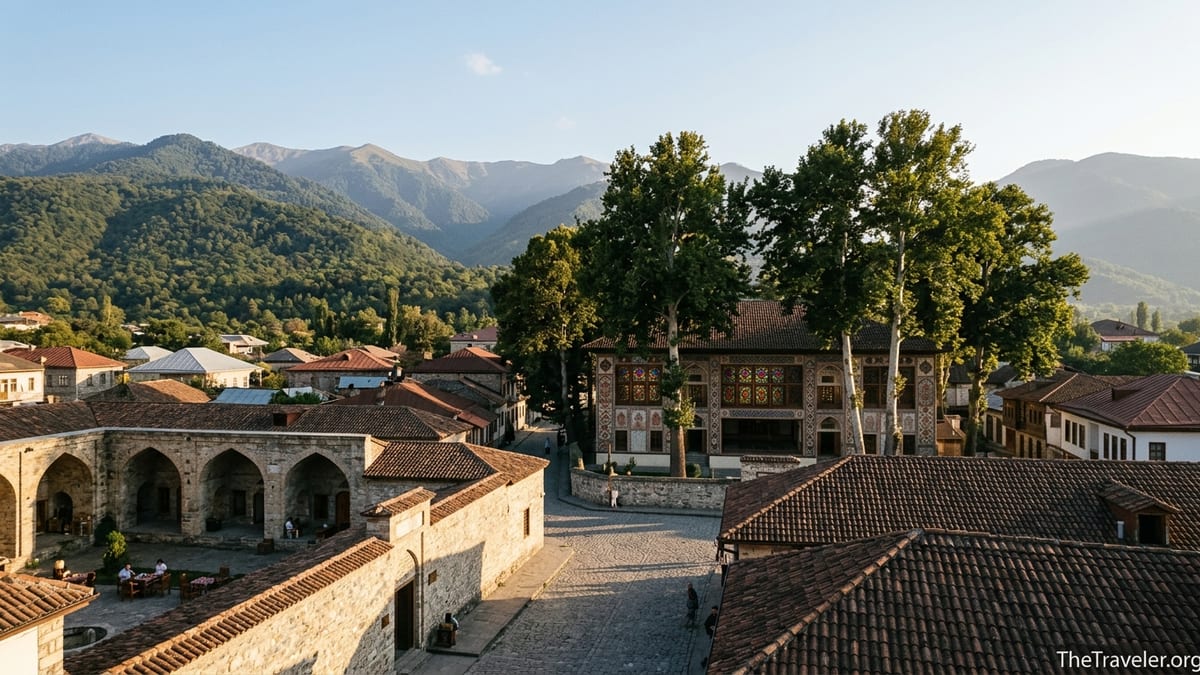 View over Sheki’s historic center with Khan’s Palace, caravanserai, and Caucasus foothills at golden hour.