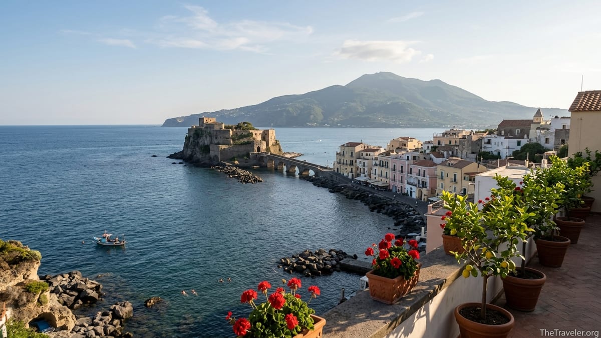 View over Ischia Ponte and the Aragonese Castle with sea and Monte Epomeo in the background.