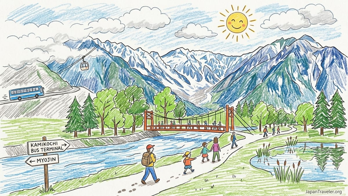 Hiker beside the Azusa River in Kamikochi with Kappa Bridge and cloud-wrapped Hotaka peaks behind.