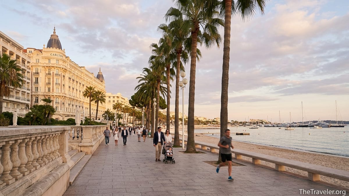 Late afternoon view of La Croisette in Cannes with grand hotels, palm trees, promenade and beach.
