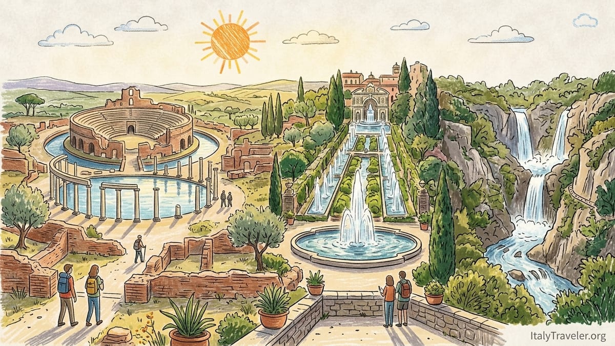 View over Villa d’Este gardens in Tivoli with fountains, terraces and Lazio hills beyond.