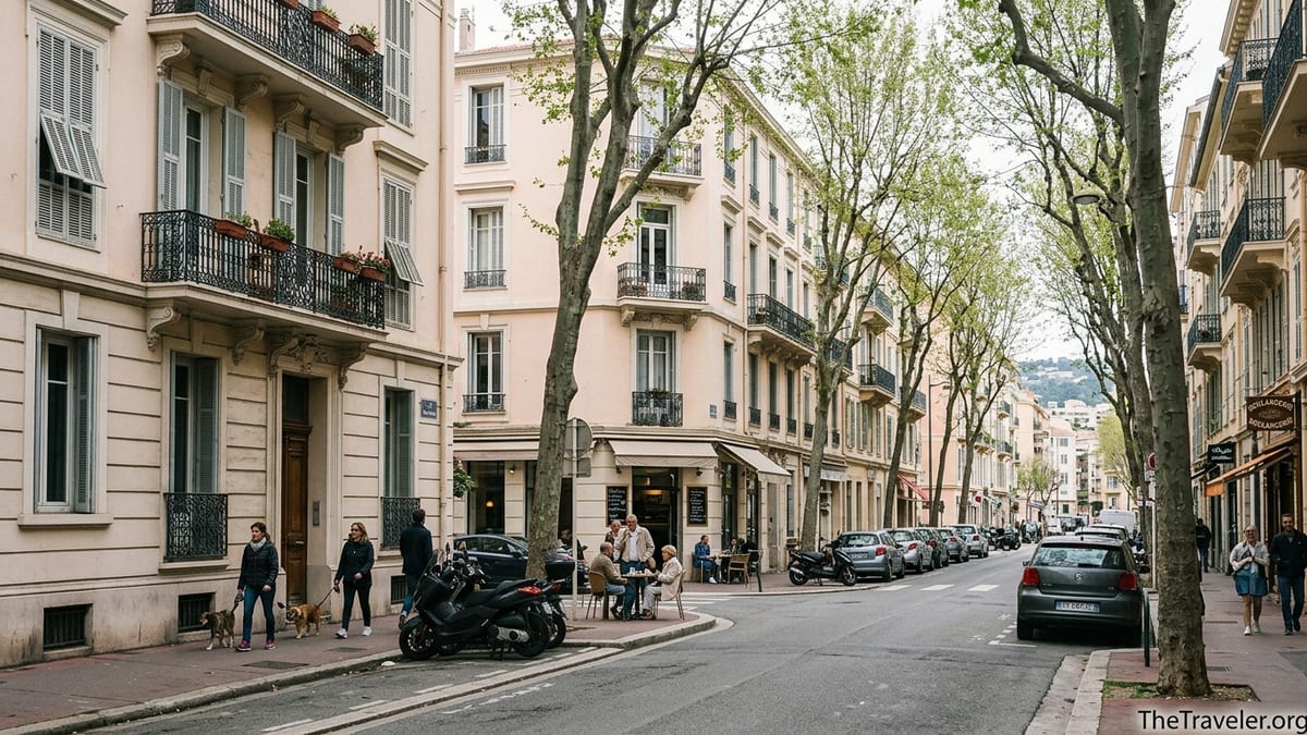 Calm Belle Epoque street with cafes and trees in Nice’s Musiciens district.