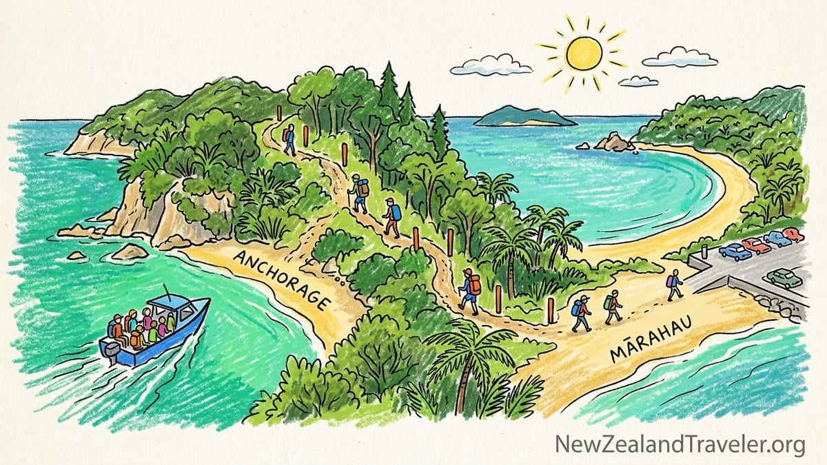 Water taxi arriving at a golden Abel Tasman beach with hikers stepping off into turquoise shallows