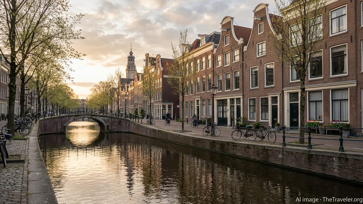 Golden hour view of an Amsterdam canal with gabled houses, bridge and bicycles in early spring.