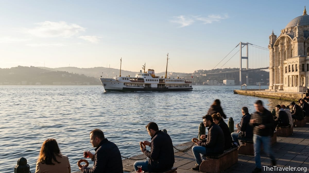 Bosphorus ferry passing Ortaköy Mosque and bridge at golden hour in Istanbul.