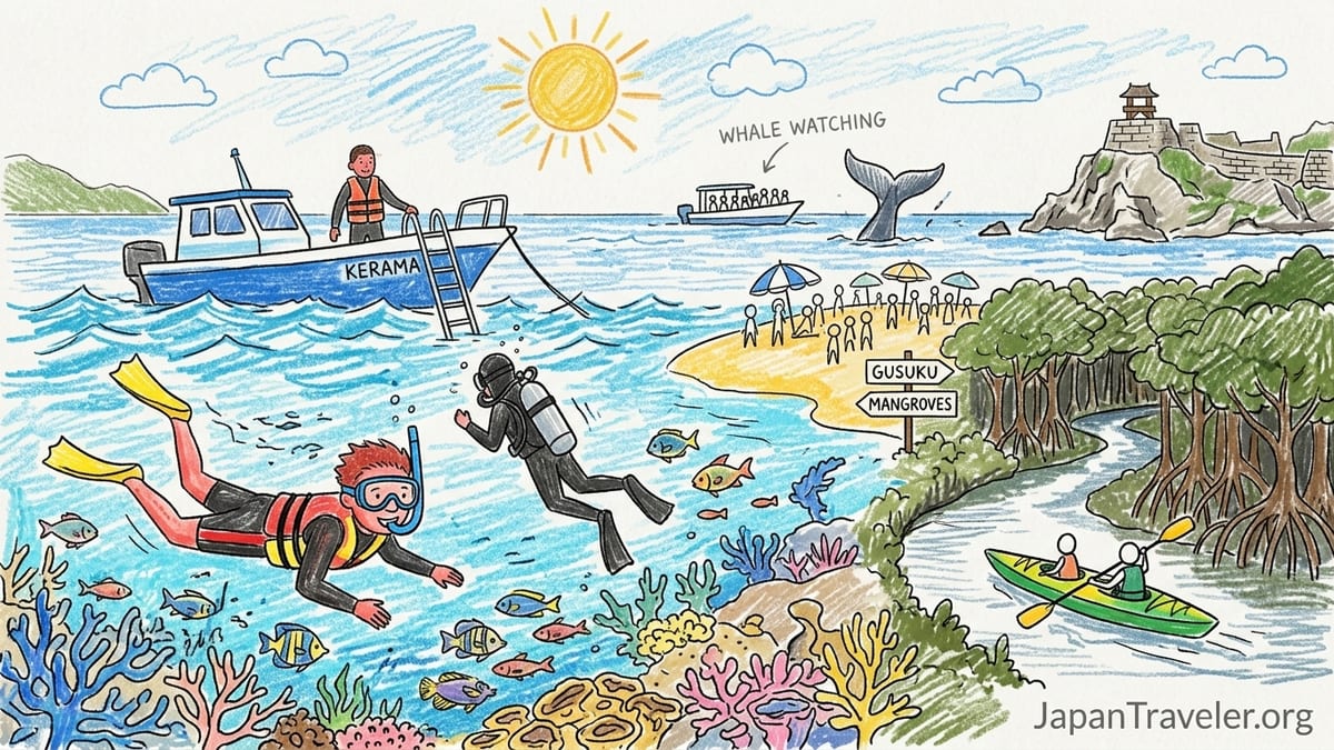 Snorkelers preparing to enter turquoise water from a small boat near Okinawa’s Kerama Islands.