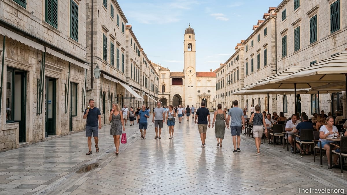 People strolling and sitting at café tables along Dubrovnik’s sunlit Stradun in late afternoon.
