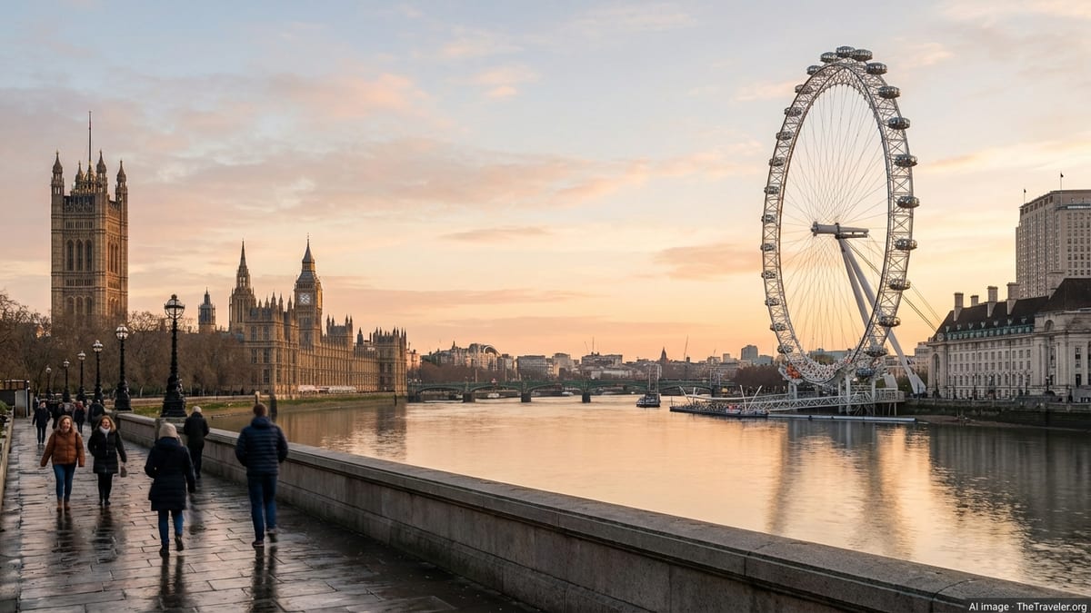 Sunrise over London with Parliament and the London Eye reflected in the River Thames.