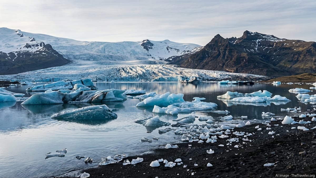 Icebergs floating in Jökulsárlón Glacier Lagoon with Vatnajökull glacier and mountains in the background.