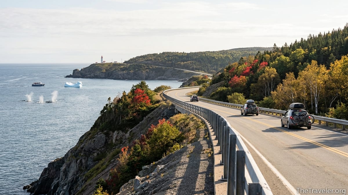 Coastal road in Atlantic Canada with lighthouse, iceberg and fall foliage