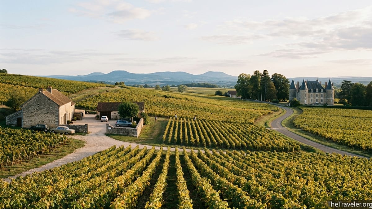 Sunlit vineyards leading toward a distant château and low hills in central France.