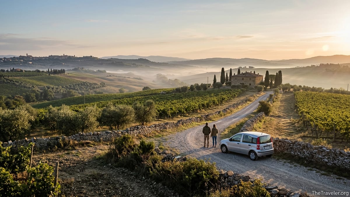 Early autumn sunrise over Tuscan vineyards and hills with a small car parked on a country road.
